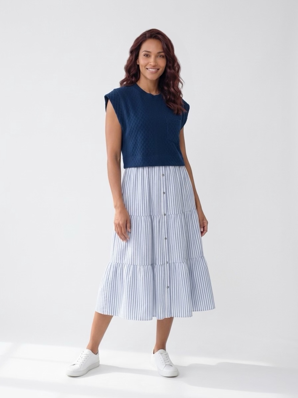 entro Striped Button-Front Midi Skirt in Light Blue and White
